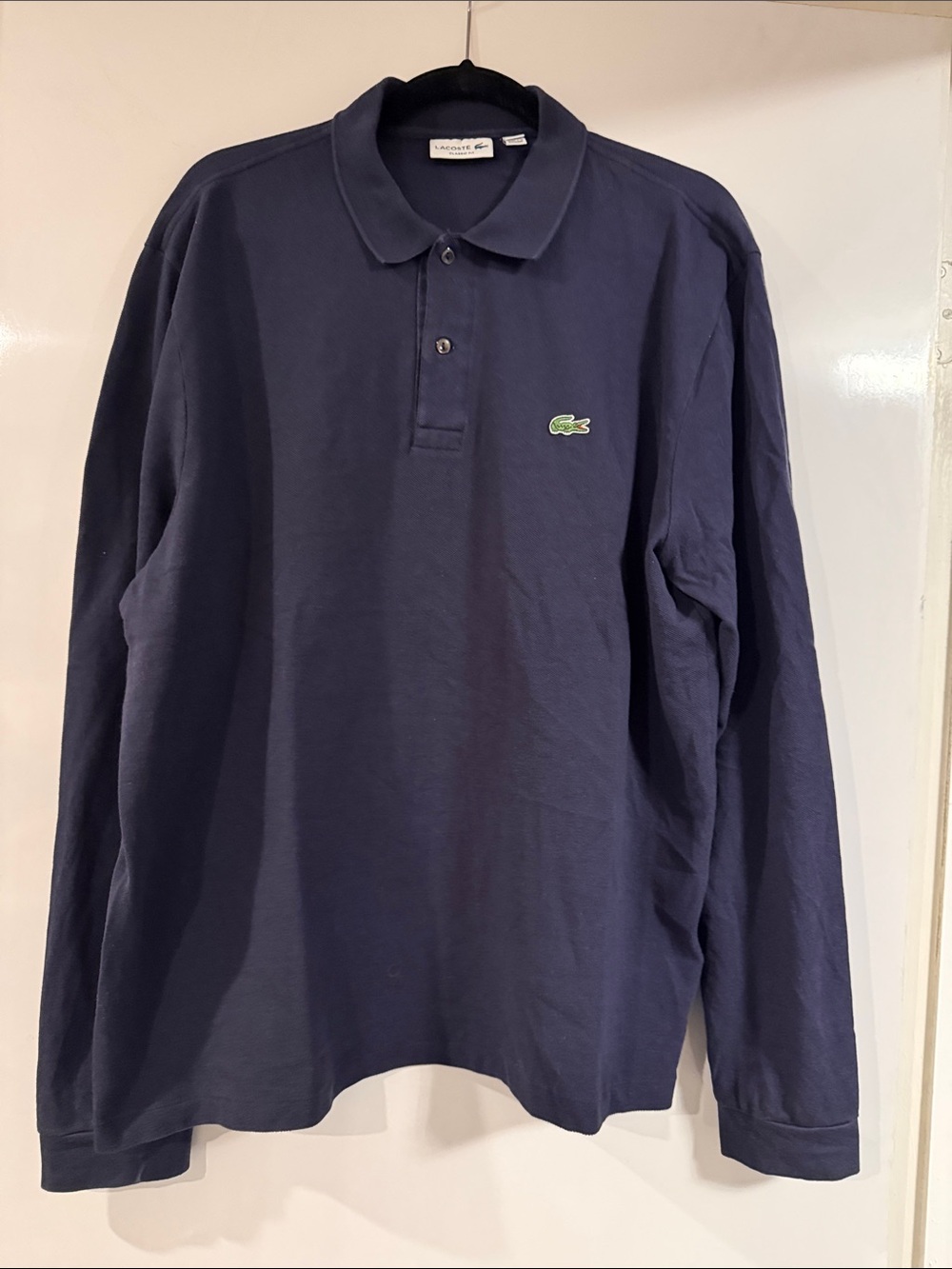 Lacoste Navy Long Sleeve Polo with Green Crocodile Logo